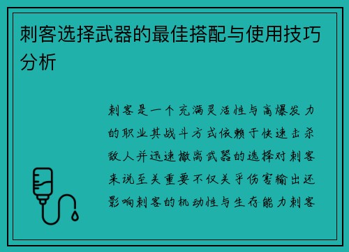 刺客选择武器的最佳搭配与使用技巧分析